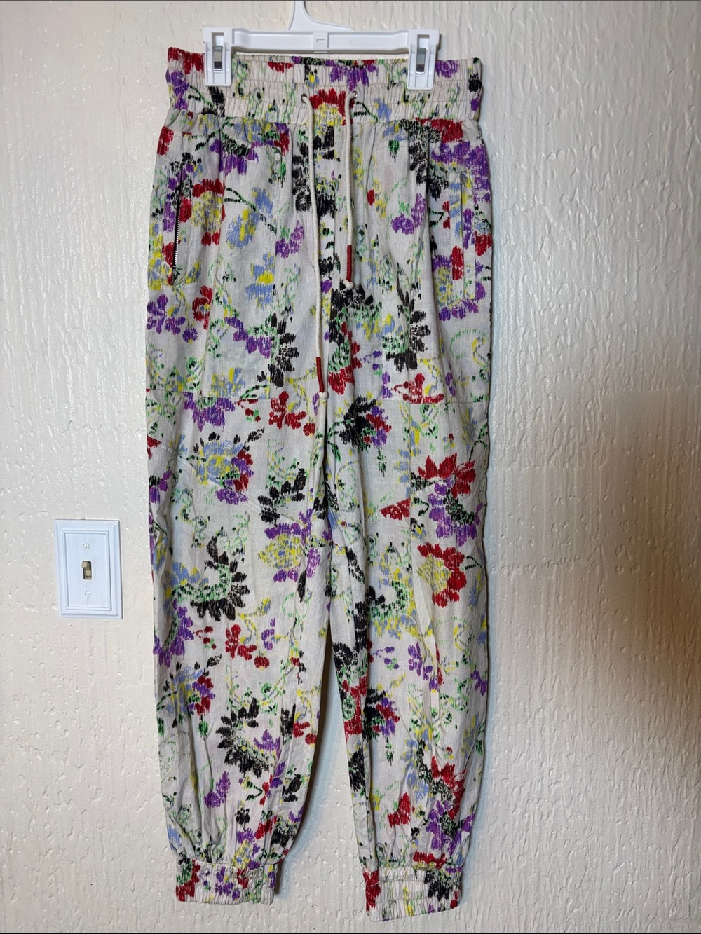 Maria Cher Floral Drawstring Jogger Pants Multicolor on Cream Women Size Medium
